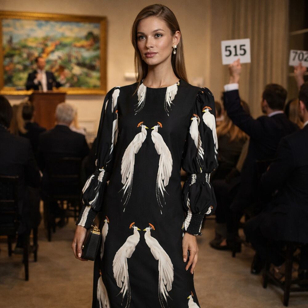 Lulo Project Makeda Tunic Dress Black Peacock Print XS Long Puff Sleeve Midi